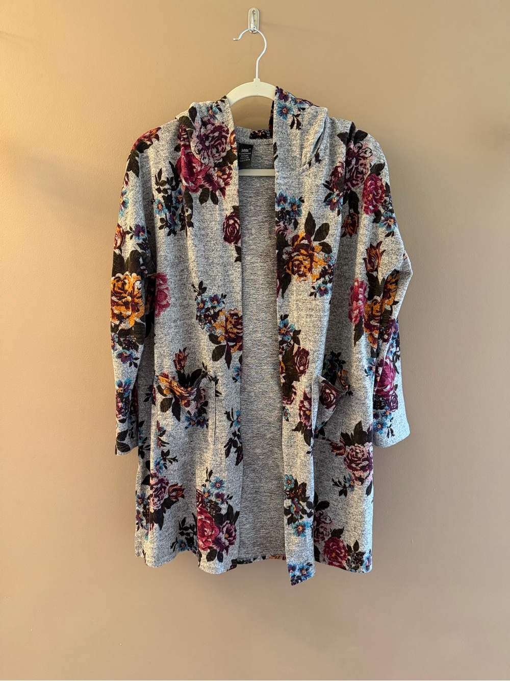 Open-Front Floral Hooded Cardigan Sweater - Gray with Pink & Gold Flowers